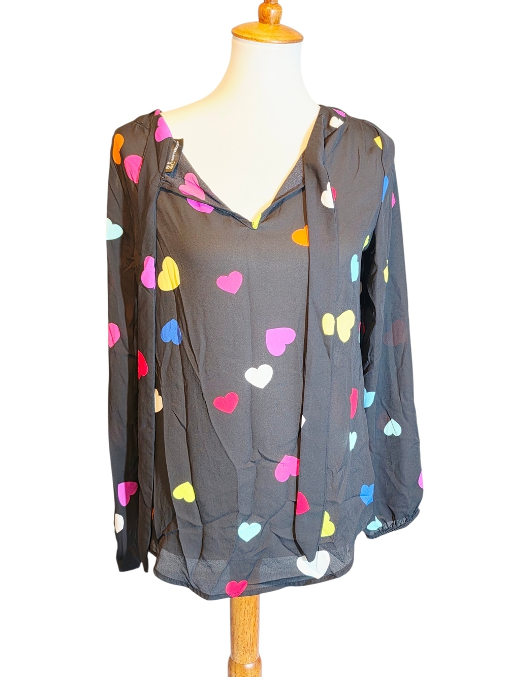 New York & Company Black Heart-Print Tie Neck Blouse